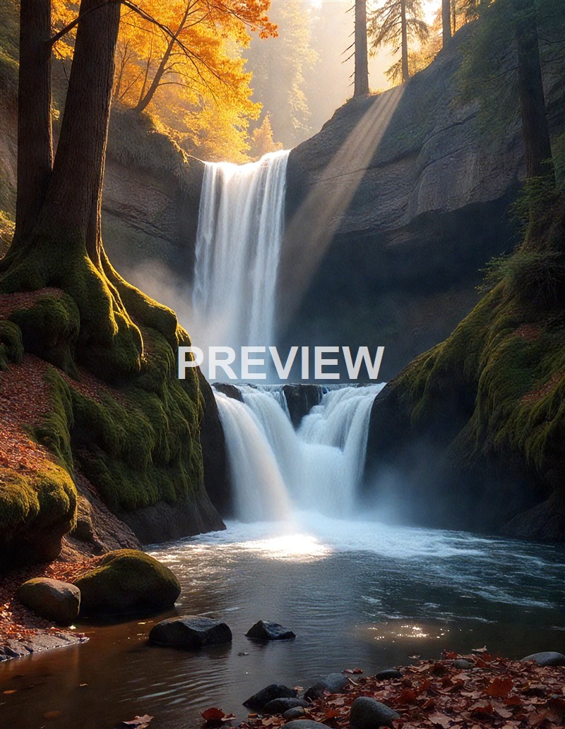 A serene waterfall cascading down moss-covered rocks in a forested area, with sunlight streaming through autumn-colored trees.